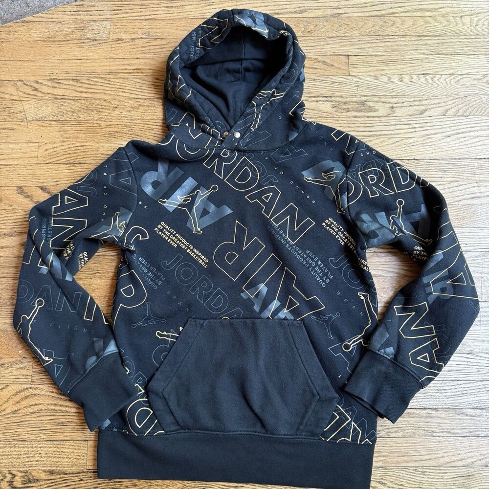 Nike Air Jordan Hoodie Sweatshirt Kids Boys M Black Gold All Over Print Jumpman